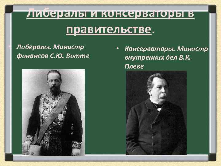 Либералы и консерваторы в правительстве. • Либералы. Министр финансов С. Ю. Витте • Консерваторы.