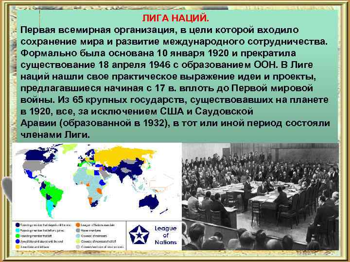 ЛИГА НАЦИЙ. Первая всемирная организация, в цели которой входило сохранение мира и развитие международного