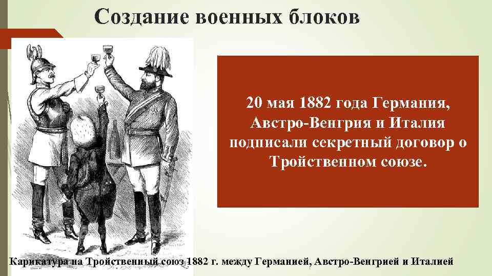 Создание военных блоков 20 мая 1882 года Германия, Австро-Венгрия и Италия подписали секретный договор