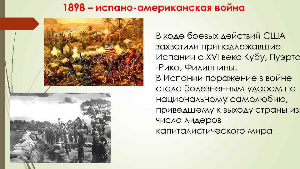 1898 – испано-американская война В ходе боевых действий США захватили принадлежавшие Испании с XVI