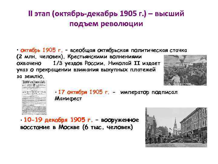 II этап (октябрь-декабрь 1905 г. ) – высший подъем революции • октябрь 1905 г.