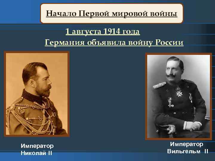 Начало Первой мировой войны 1 августа 1914 года Германия объявила войну России Император Николай