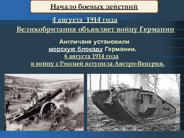 Начало боевых действий 4 августа 1914 года Великобритания объявляет войну Германии Англичане установили морскую