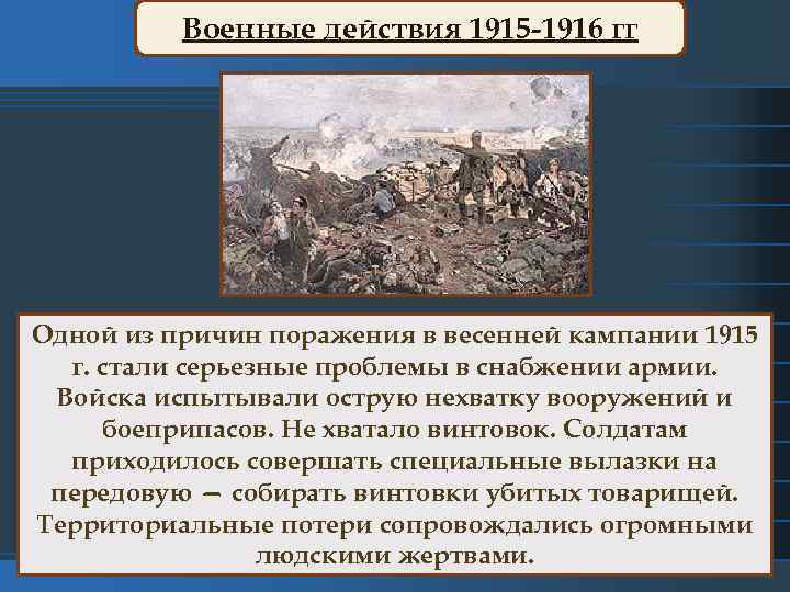 Военные действия 1915 -1916 гг Одной из причин поражения в весенней кампании 1915 г.