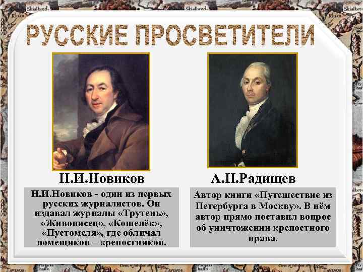 Н. И. Новиков - один из первых русских журналистов. Он издавал журналы «Трутень» ,