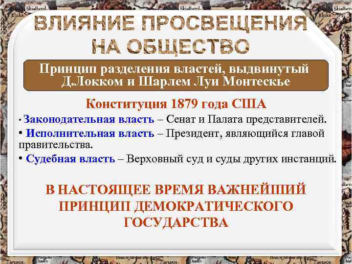 Принцип разделения властей, выдвинутый Д. Локком и Шарлем Луи Монтескье Конституция 1879 года США