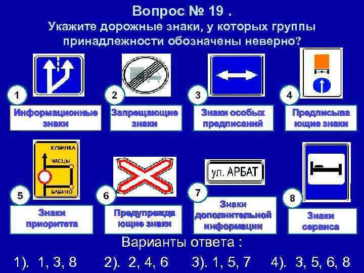 Вопрос № 19. Укажите дорожные знаки, у которых группы принадлежности обозначены неверно? 1 2