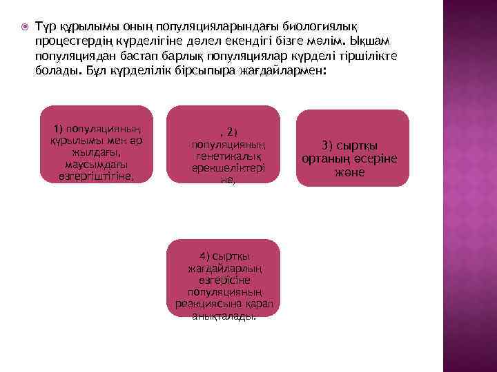  Түр құрылымы оның популяцияларындағы биологиялық процестердің күрделігіне дәлел екендігі бізге мәлім. Ықшам популяциядан