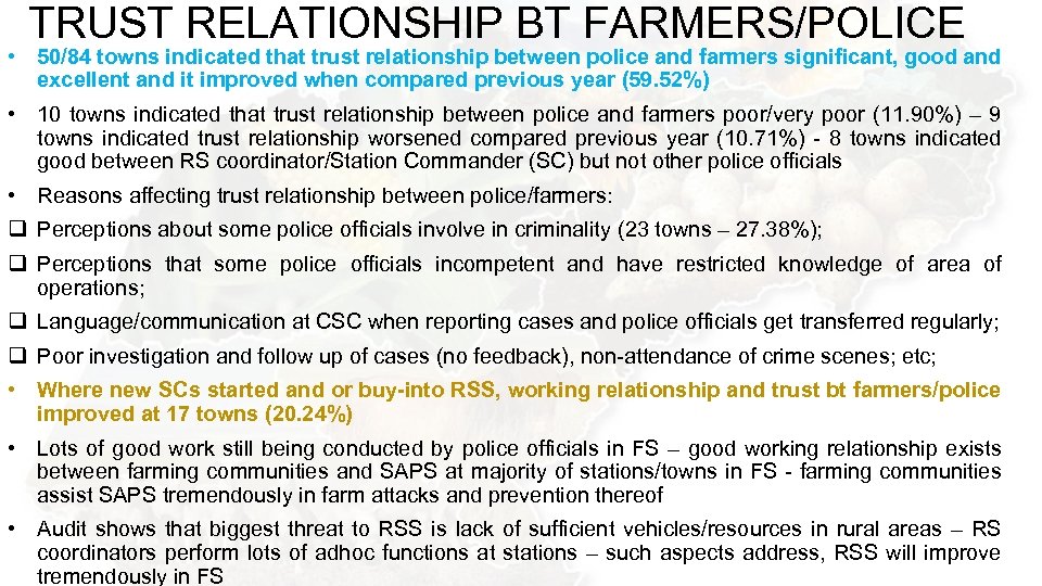 TRUST RELATIONSHIP BT FARMERS/POLICE • 50/84 towns indicated that trust relationship between police and