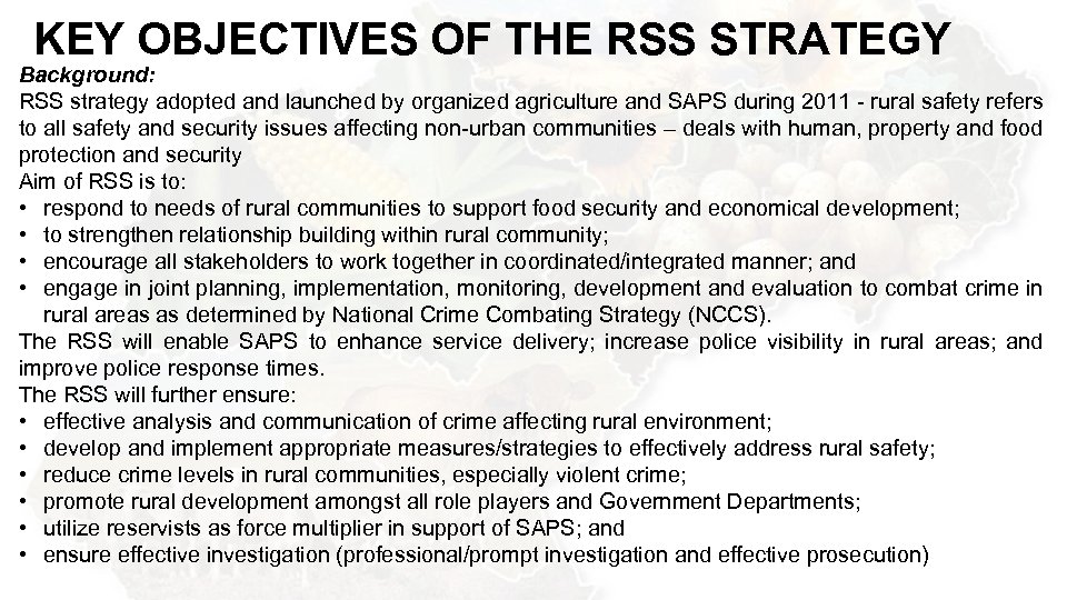 KEY OBJECTIVES OF THE RSS STRATEGY Background: RSS strategy adopted and launched by organized