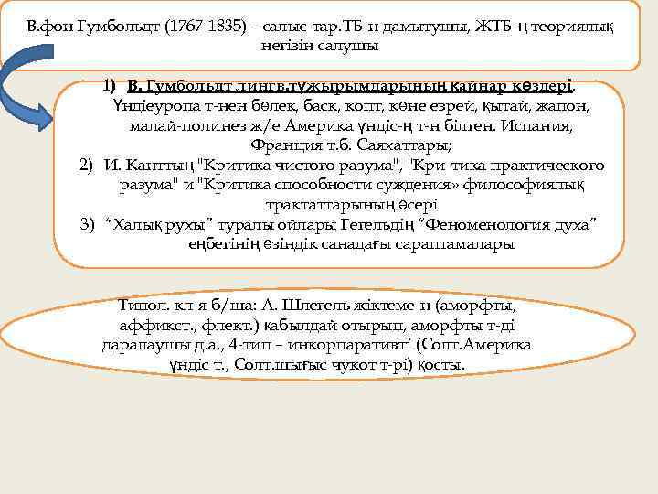 В. фон Гумбольдт (1767 1835) – салыс тар. ТБ н дамытушы, ЖТБ ң теориялық