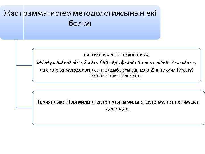 Жас грамматистер методологиясының екі бөлімі лингвистикалық психологизм; сөйлеу механизмінің 2 жағы бар деді: физиологиялық