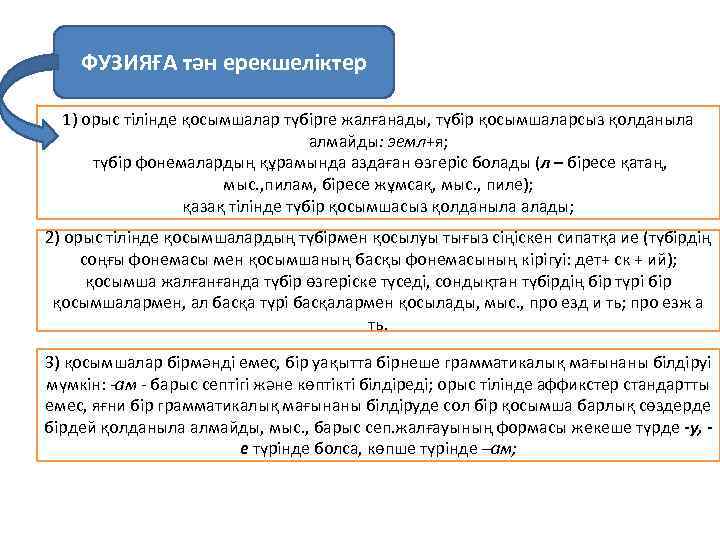 ФУЗИЯҒА тән ерекшеліктер 1) орыс тілінде қосымшалар түбірге жалғанады, түбір қосымшаларсыз қолданыла алмайды: эемл+я;