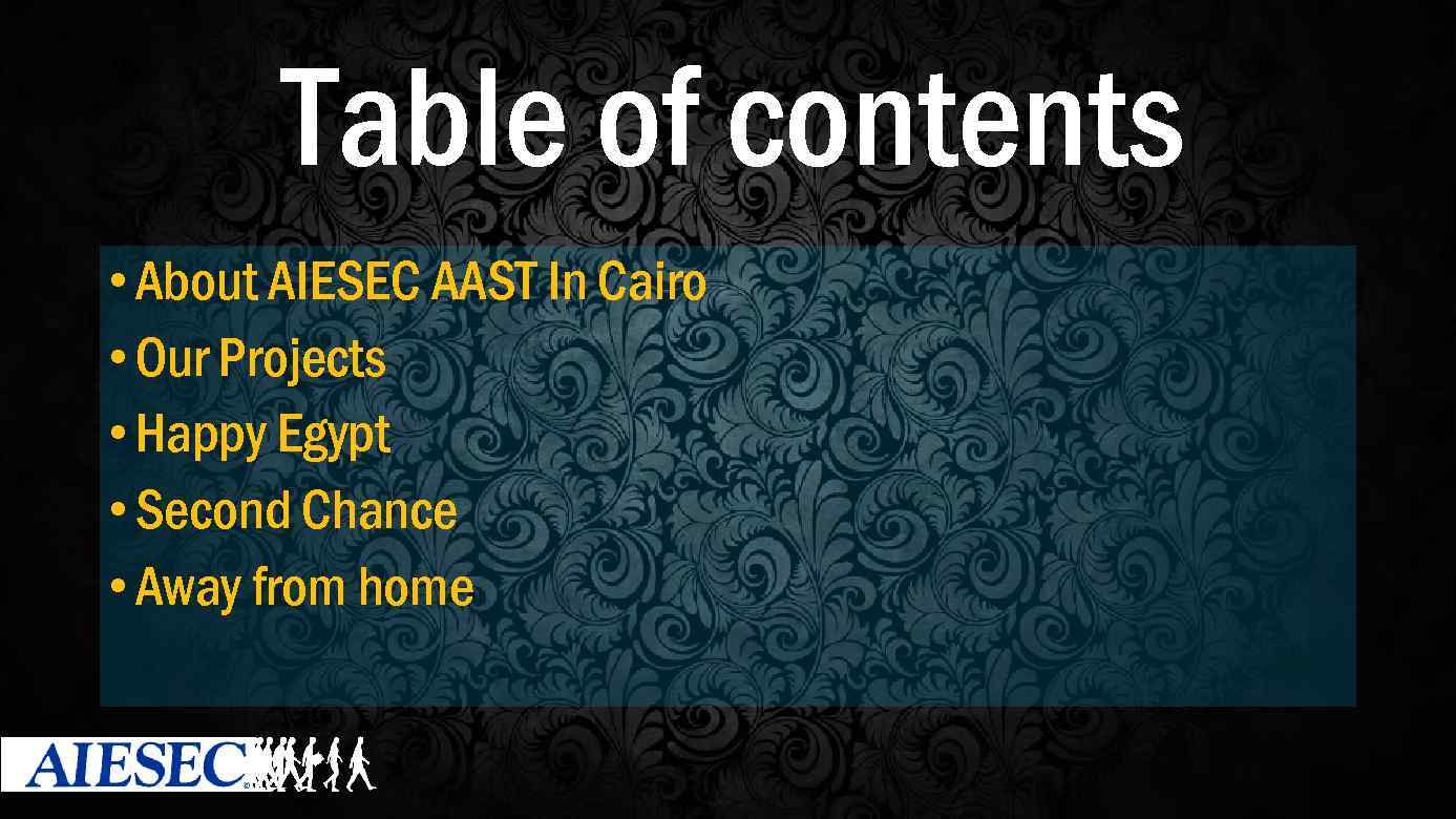 Table of contents • About AIESEC AAST In Cairo • Our Projects • Happy