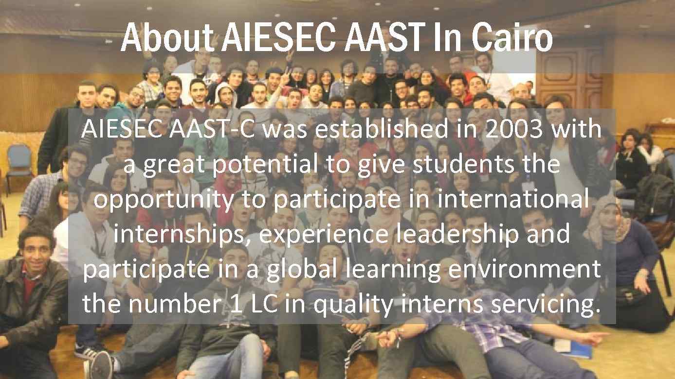 About AIESEC AAST In Cairo AIESEC AAST-C was established in 2003 with a great