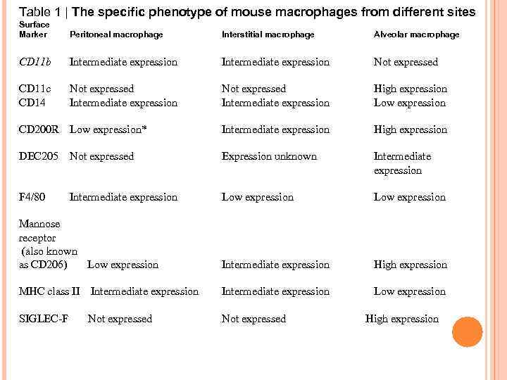 Table 1 | The specific phenotype of mouse macrophages from different sites Surface Marker