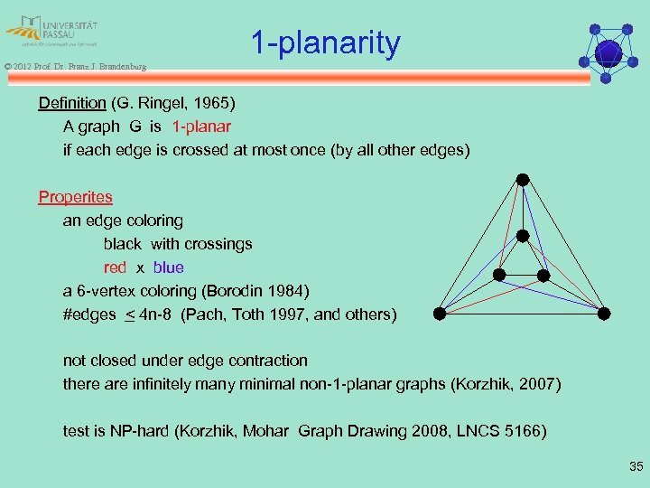 1 -planarity © 2012 Prof. Dr. Franz J. Brandenburg Definition (G. Ringel, 1965) A
