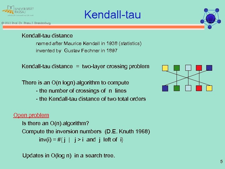 Kendall-tau © 2012 Prof. Dr. Franz J. Brandenburg Kendall-tau distance named after Maurice Kendall