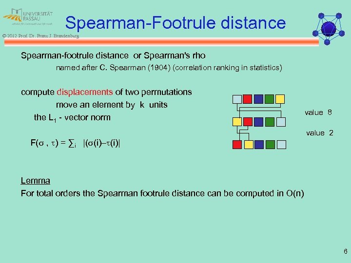 Spearman-Footrule distance © 2012 Prof. Dr. Franz J. Brandenburg Spearman-footrule distance or Spearman's rho