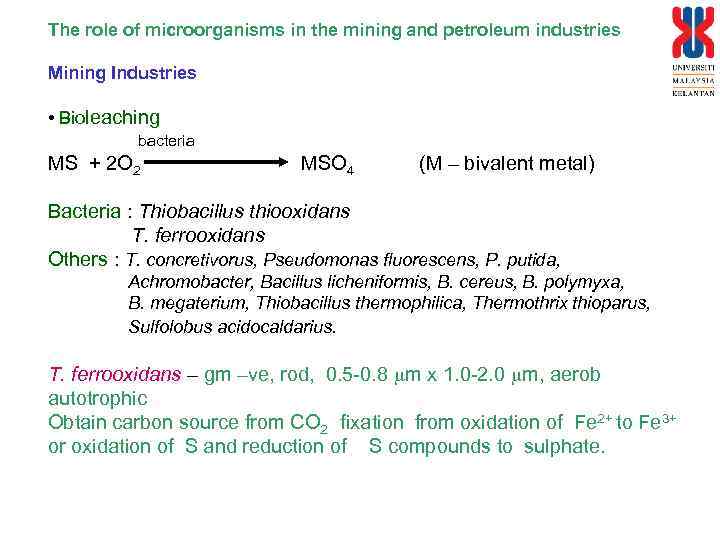 The role of microorganisms in the mining and petroleum industries Mining Industries • Bioleaching