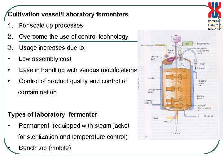 Cultivation vessel/Laboratory fermenters 1. For scale up processes 2. Overcome the use of control