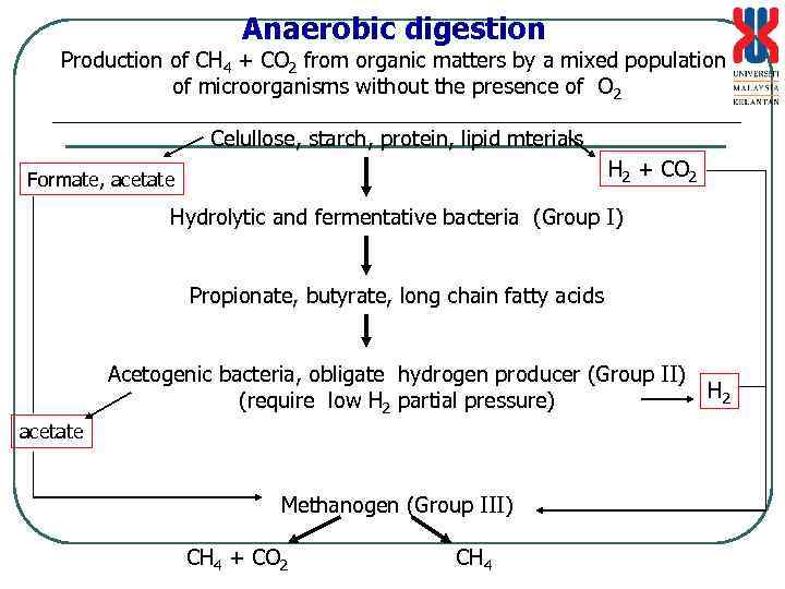 Anaerobic digestion Production of CH 4 + CO 2 from organic matters by a