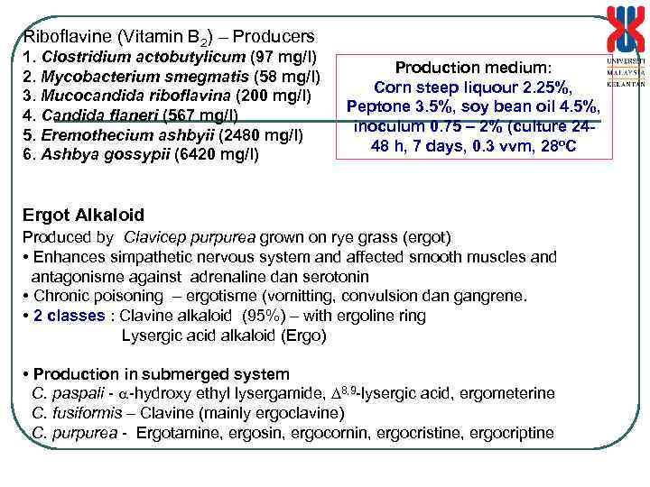 Riboflavine (Vitamin B 2) – Producers 1. Clostridium actobutylicum (97 mg/l) 2. Mycobacterium smegmatis