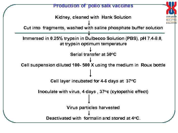 Production of polio salk vaccines Kidney, cleaned with Hank Solution Cut into fragments, washed