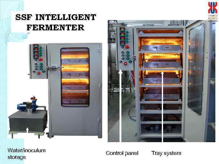 SSF INTELLIGENT FERMENTER Water/inoculum storage Control panel Tray system 