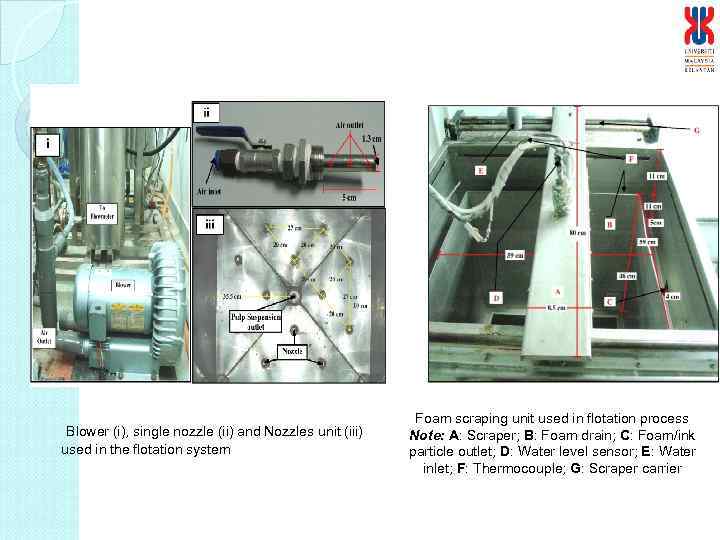 Blower (i), single nozzle (ii) and Nozzles unit (iii) used in the flotation system