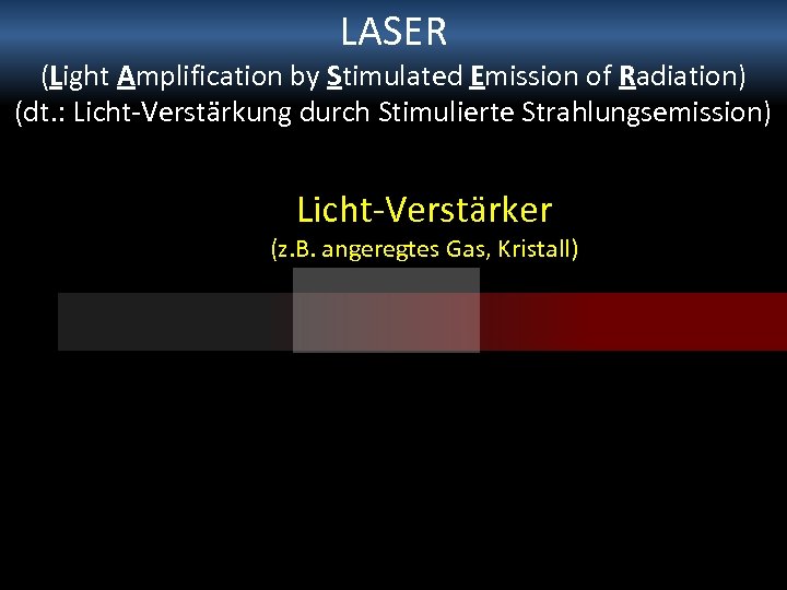 LASER (Light Amplification by Stimulated Emission of Radiation) (dt. : Licht-Verstärkung durch Stimulierte Strahlungsemission)