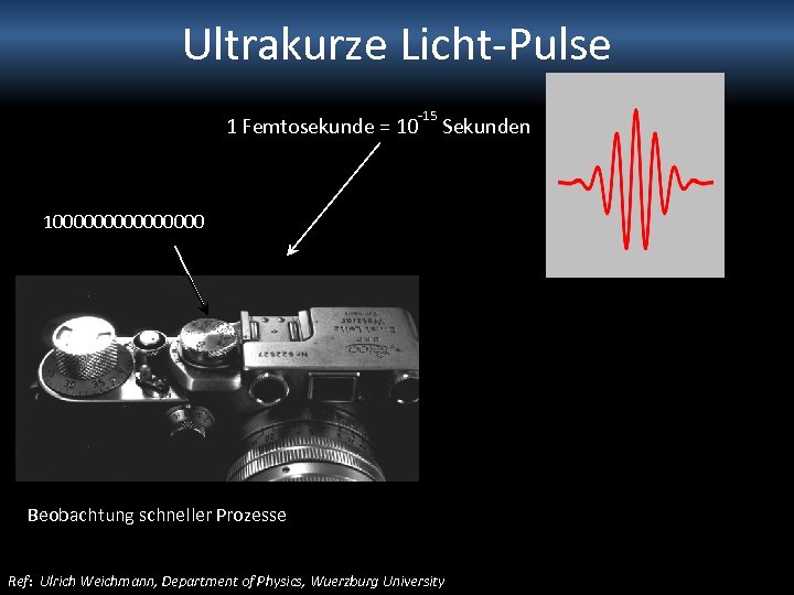 Ultrakurze Licht-Pulse 1 Femtosekunde = 10 -15 Sekunden 100000000 Beobachtung schneller Prozesse Ref: Ulrich