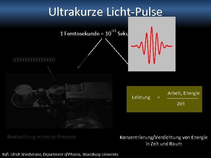 Ultrakurze Licht-Pulse 1 Femtosekunde = 10 -15 Sekunden 100000000 Leistung Beobachtung schneller Prozesse Ref: