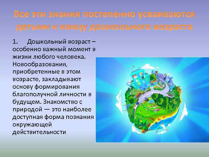 Все эти знания постепенно усваиваются детьми к концу дошкольного возраста 1. Дошкольный возраст –