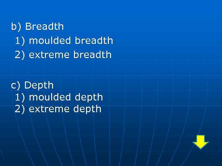 b) Breadth 1) moulded breadth 2) extreme breadth c) Depth 1) moulded depth 2)