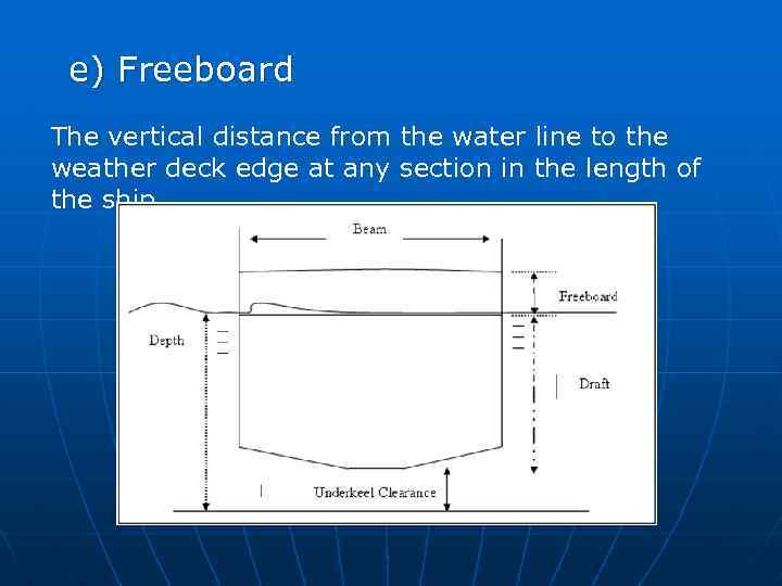 e) Freeboard The vertical distance from the water line to the weather deck edge