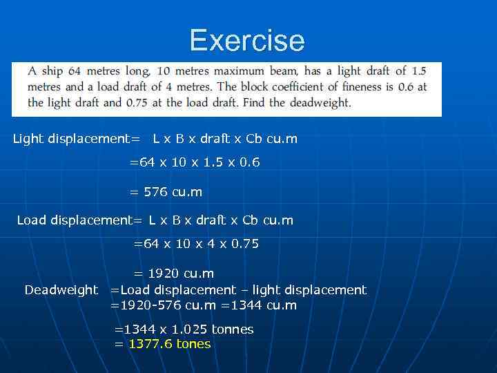 Exercise Light displacement= L x B x draft x Cb cu. m =64 x