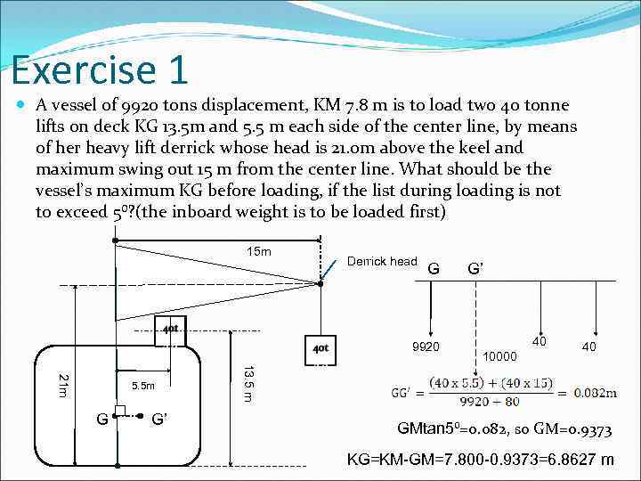 Exercise 1 A vessel of 9920 tons displacement, KM 7. 8 m is to