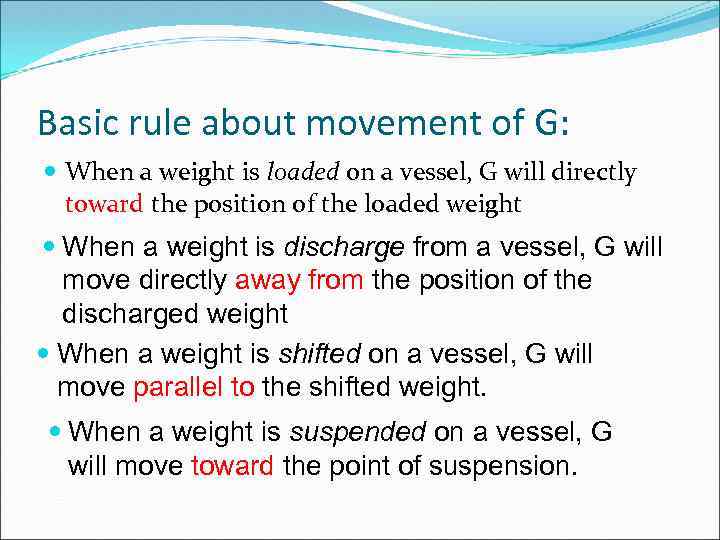 Basic rule about movement of G: When a weight is loaded on a vessel,