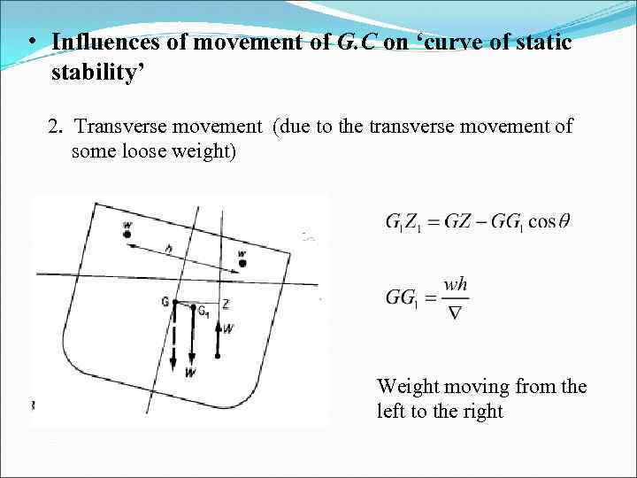  • Influences of movement of G. C on ‘curve of static stability’ 2.