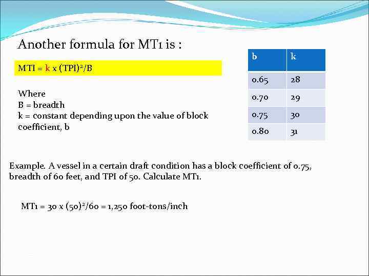 Another formula for MT 1 is : b k 0. 65 28 0. 70