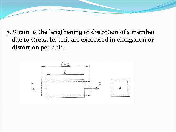 5. Strain is the lengthening or distortion of a member due to stress. Its