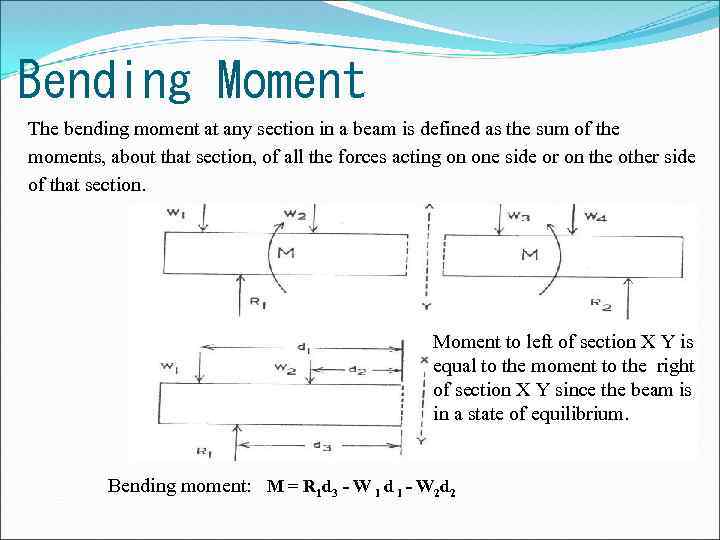 Bending Moment The bending moment at any section in a beam is defined as