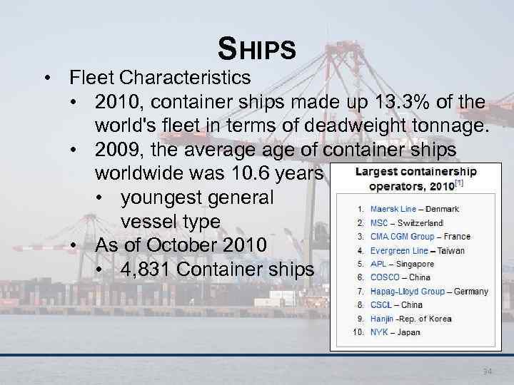 SHIPS • Fleet Characteristics • 2010, container ships made up 13. 3% of the