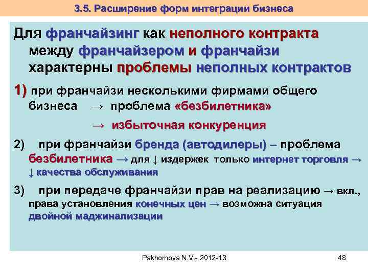 3. 5. Расширение форм интеграции бизнеса Для франчайзинг как неполного контракта между франчайзером и