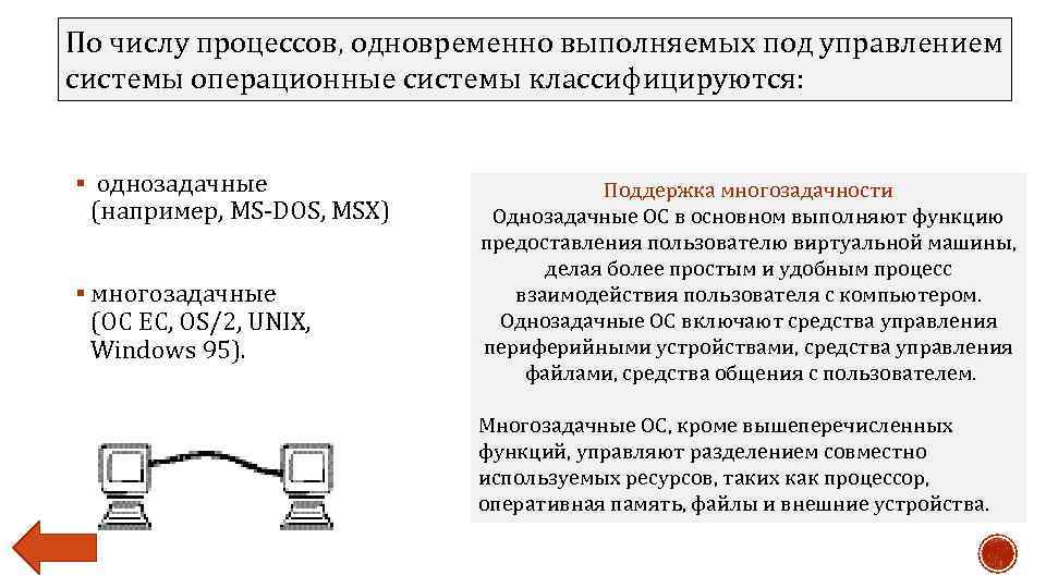 По числу процессов, одновременно выполняемых под управлением системы операционные системы классифицируются: § однозадачные (например,