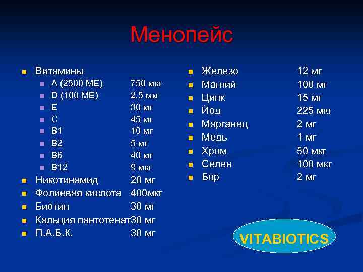 Менопейс n Витамины 750 мкг 2, 5 мкг 30 мг 45 мг 10 мг