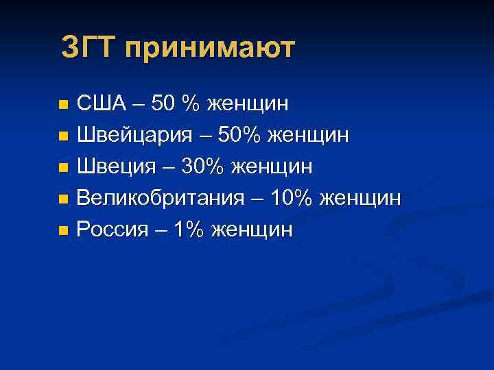 ЗГТ принимают США – 50 % женщин n Швейцария – 50% женщин n Швеция