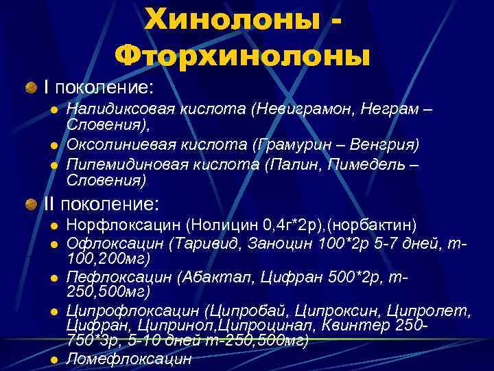 Хинолоны Фторхинолоны I поколение: l l l Налидиксовая кислота (Невиграмон, Неграм – Словения), Оксолиниевая