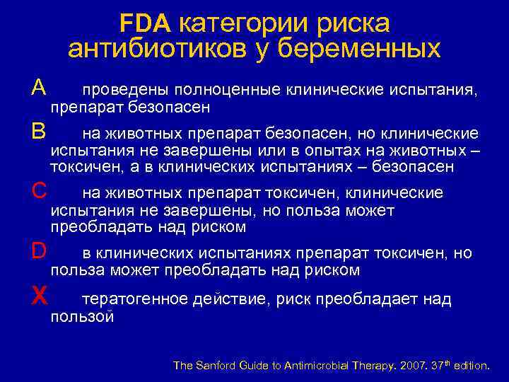 FDA категории риска антибиотиков у беременных А проведены полноценные клинические испытания, препарат безопасен B